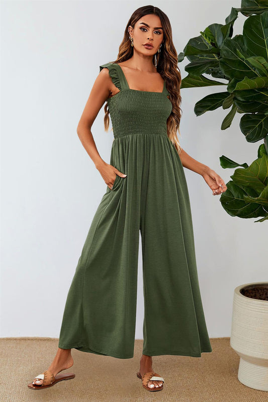 Frill Detail Strappy Jumpsuit In Olive - AXON