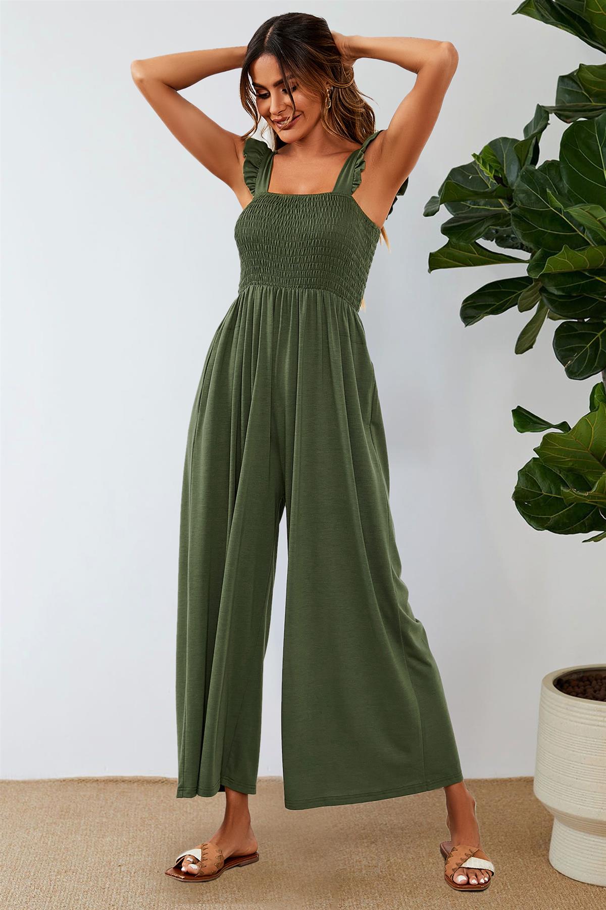 Frill Detail Strappy Jumpsuit In Olive - AXON