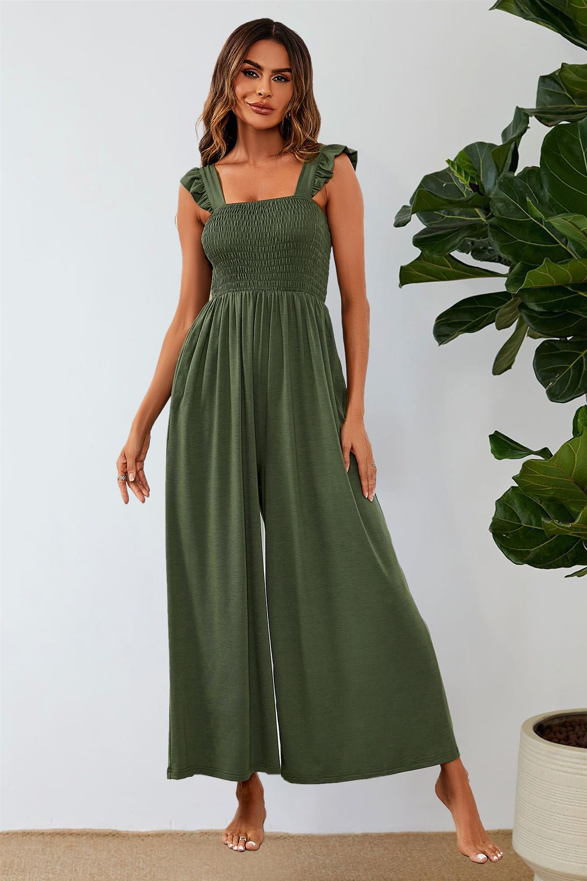 Frill Detail Strappy Jumpsuit In Olive - AXON