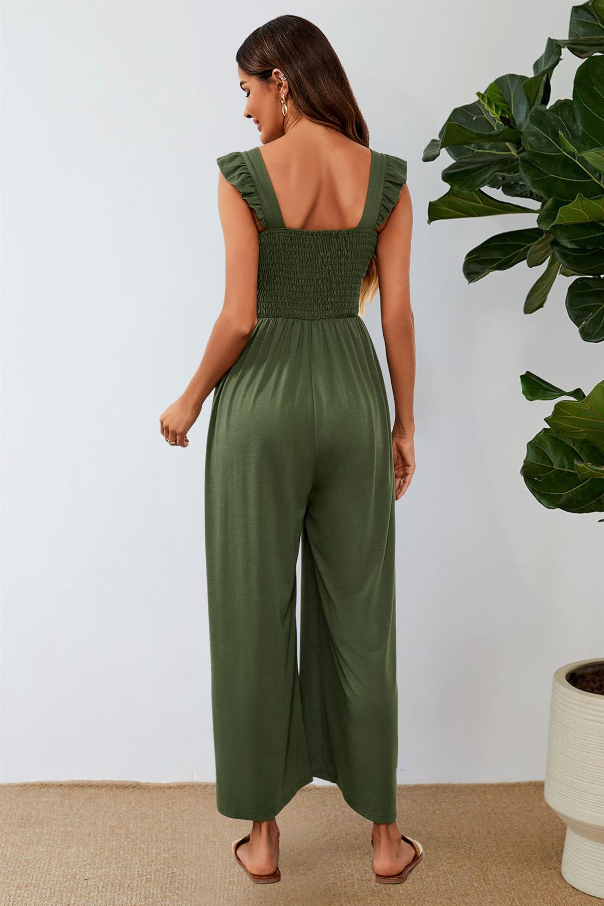 Frill Detail Strappy Jumpsuit In Olive - AXON