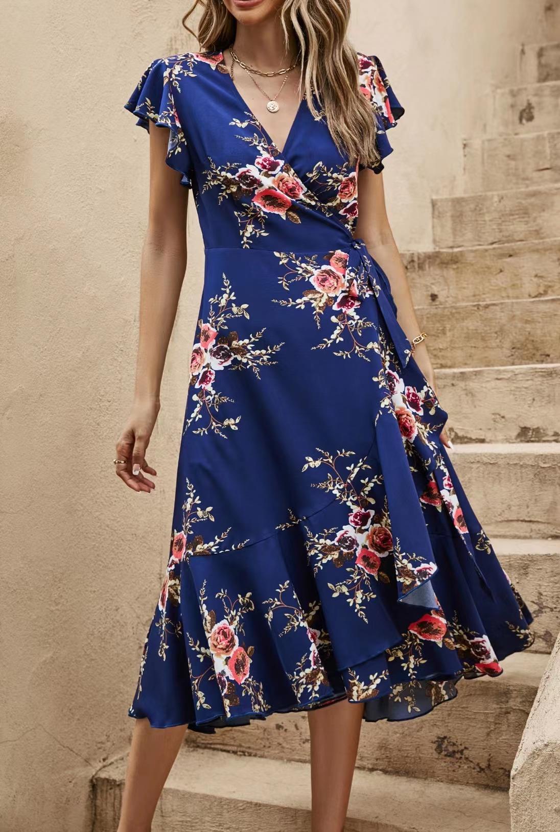 Frill Shoulder Sleeve Floral Midi Wrap Dress In Navy - AXON