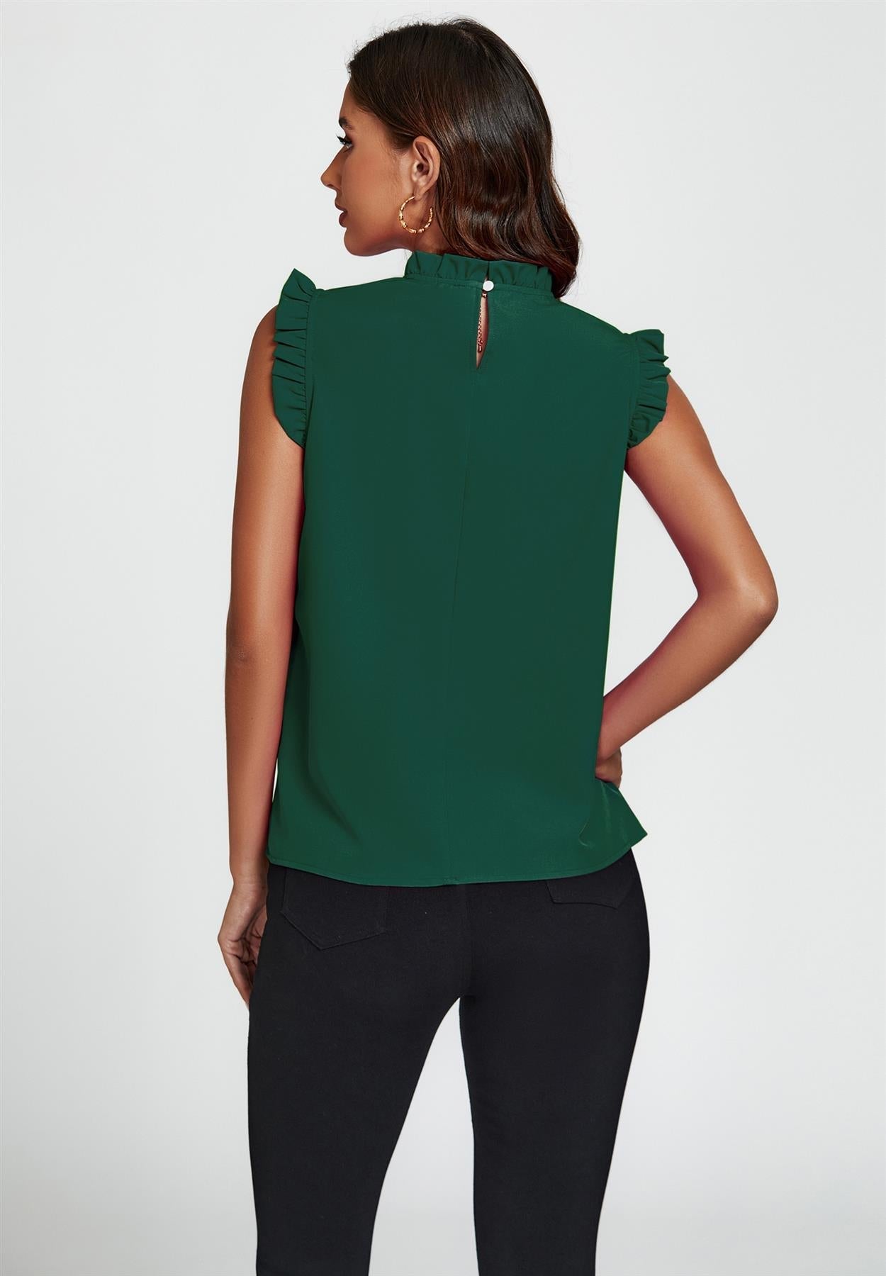 Frill Trim Sleeve Frill Neck Blouse Top In Dark Green - AXON