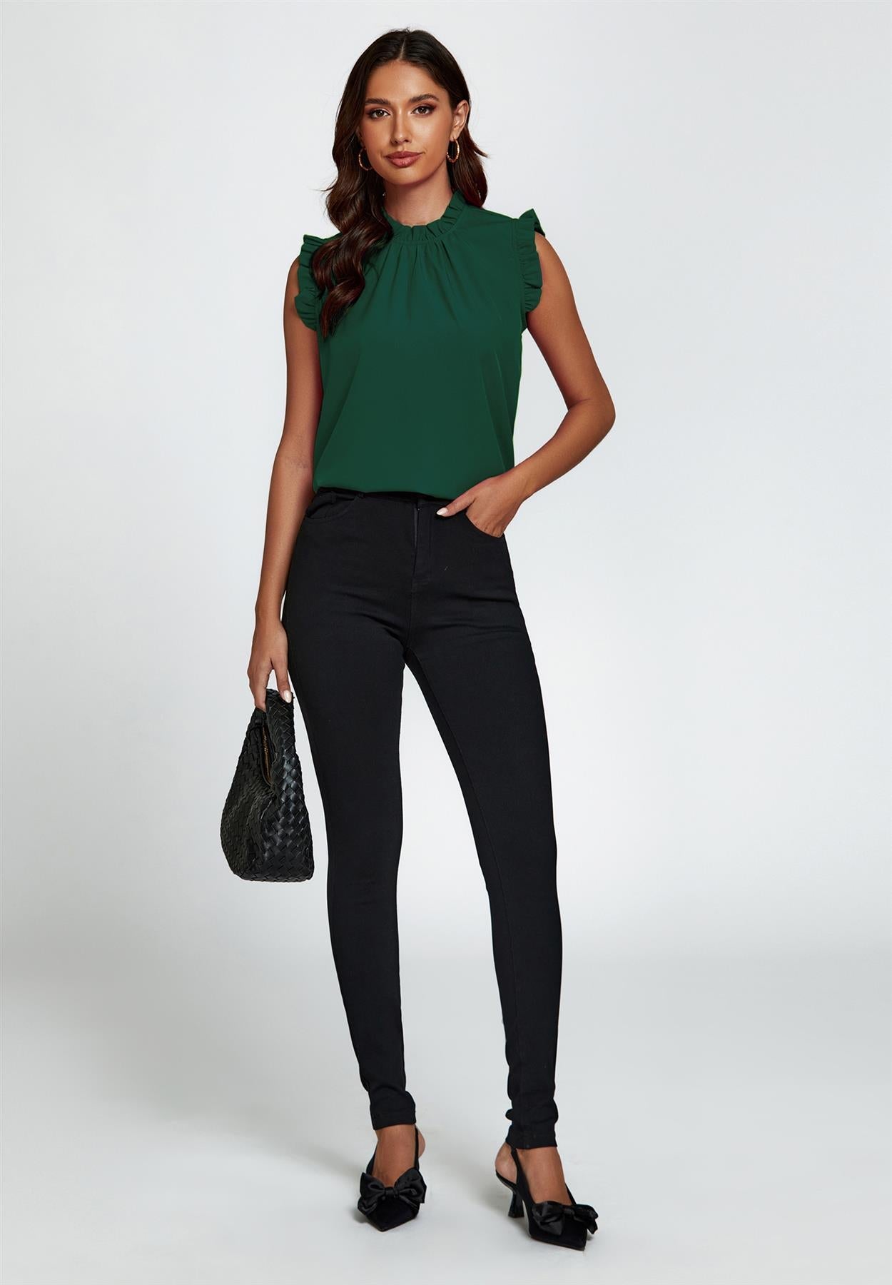 Frill Trim Sleeve Frill Neck Blouse Top In Dark Green - AXON