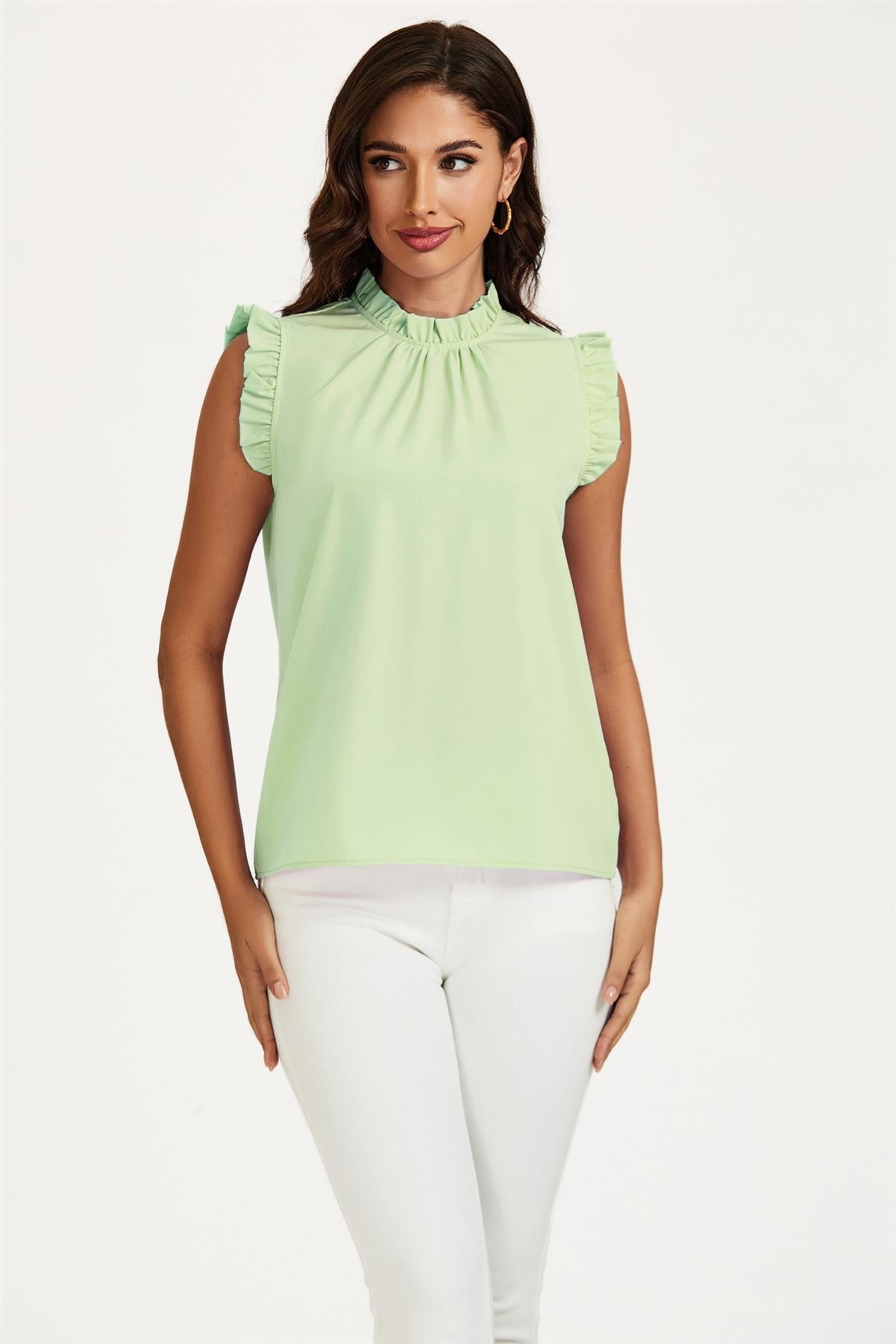 Frill Trim Sleeve Frill Neck Blouse Top In Light Green - AXON