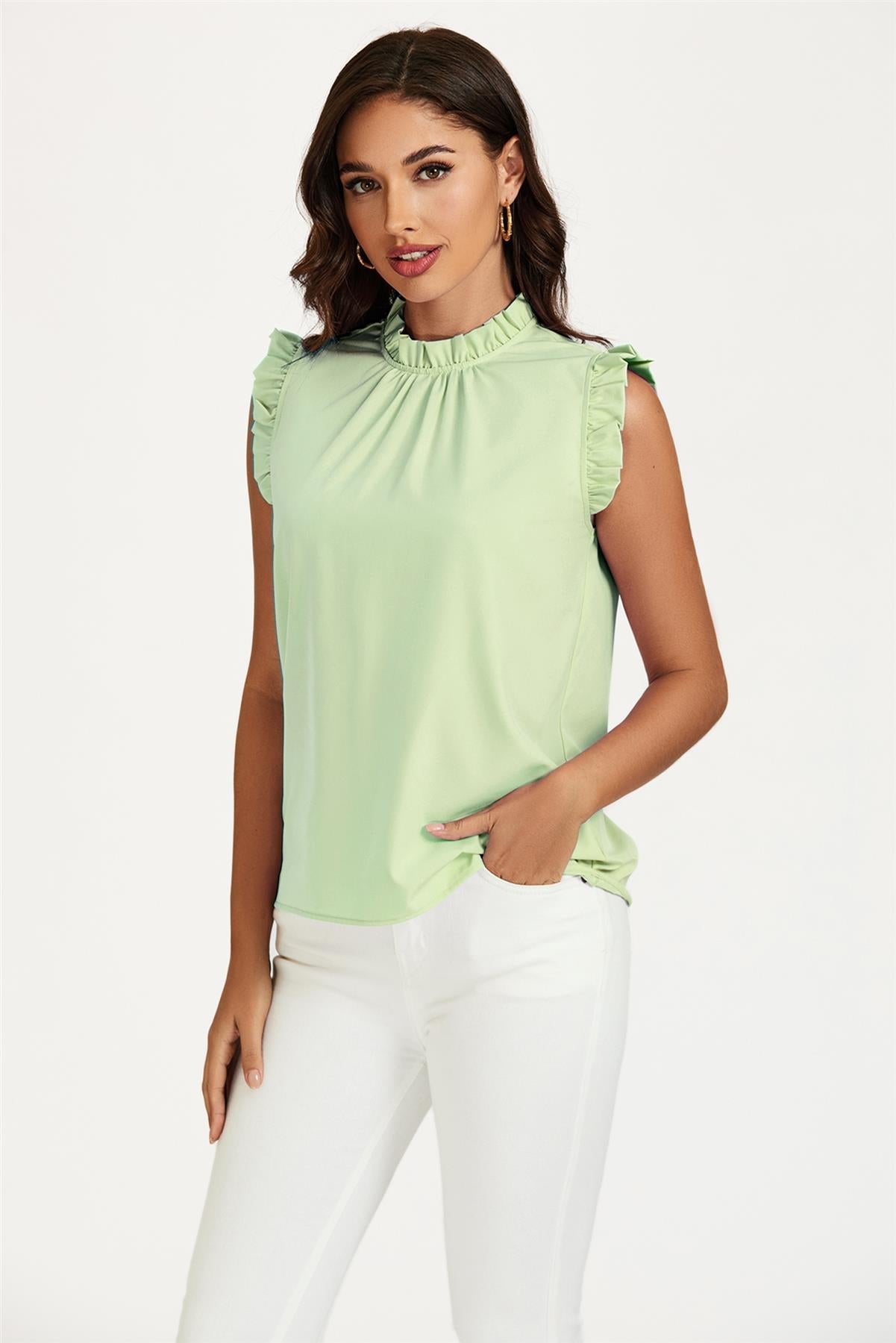 Frill Trim Sleeve Frill Neck Blouse Top In Light Green - AXON