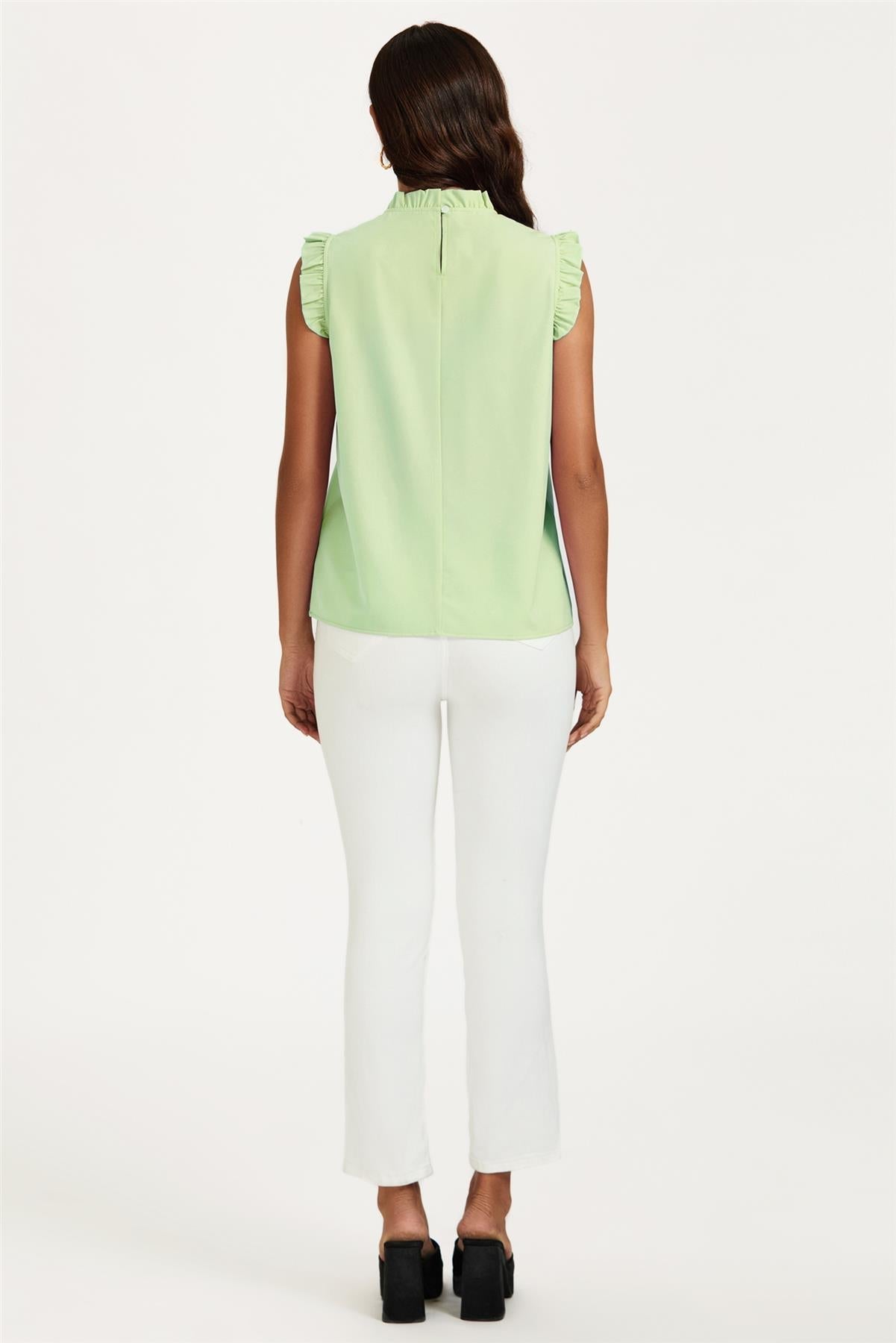 Frill Trim Sleeve Frill Neck Blouse Top In Light Green - AXON