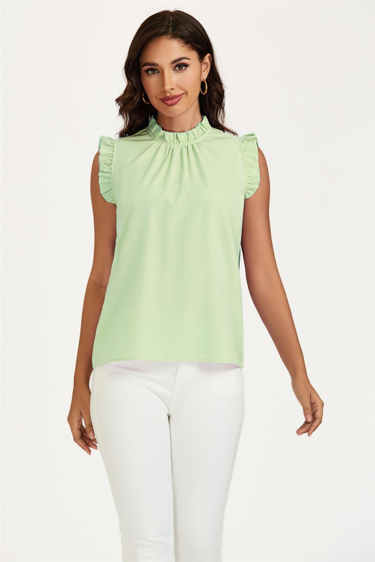 Frill Trim Sleeve Frill Neck Blouse Top In Light Green - AXON