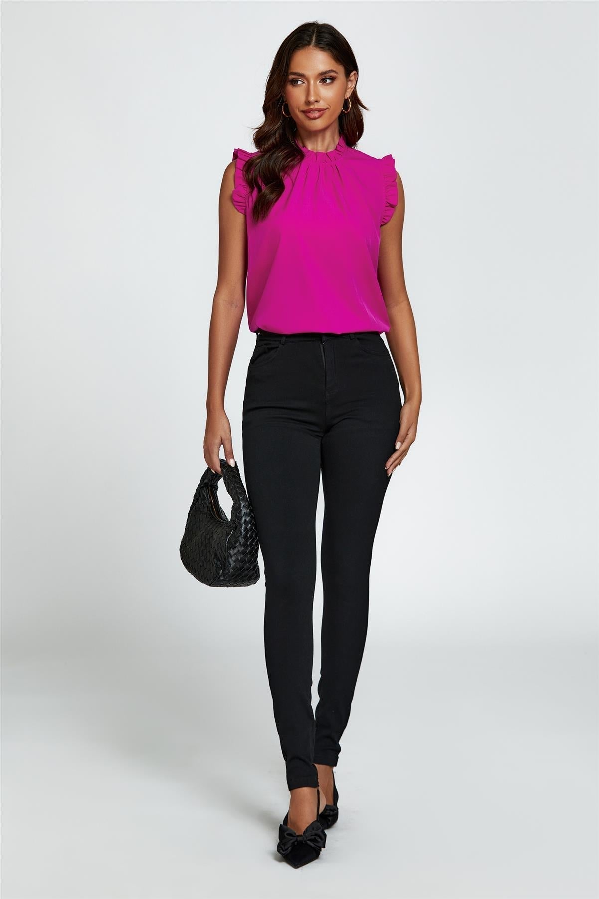 Frill Trim Sleeve Frill Neck Blouse Top In Magenta - AXON