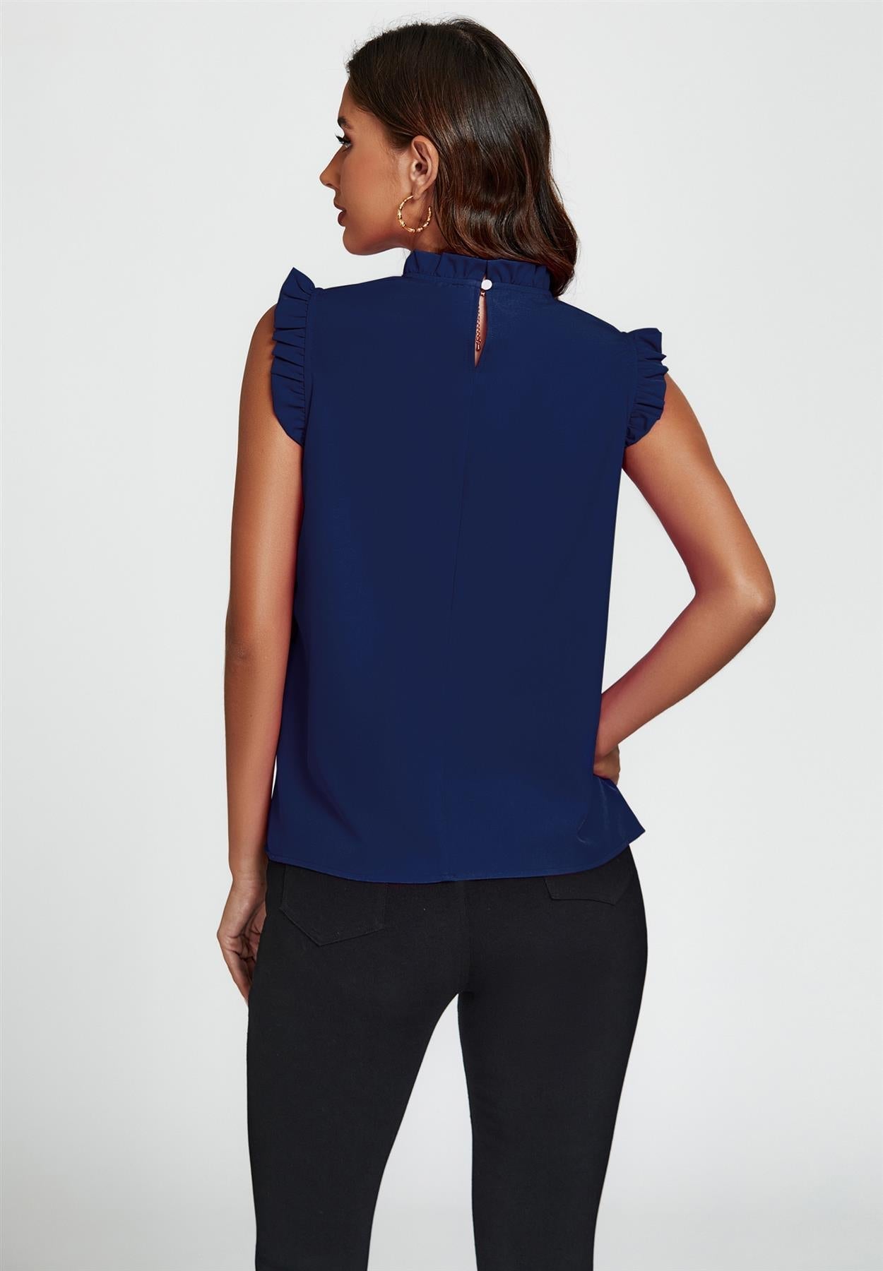 Frill Trim Sleeve Frill Neck Blouse Top In Navy - AXON