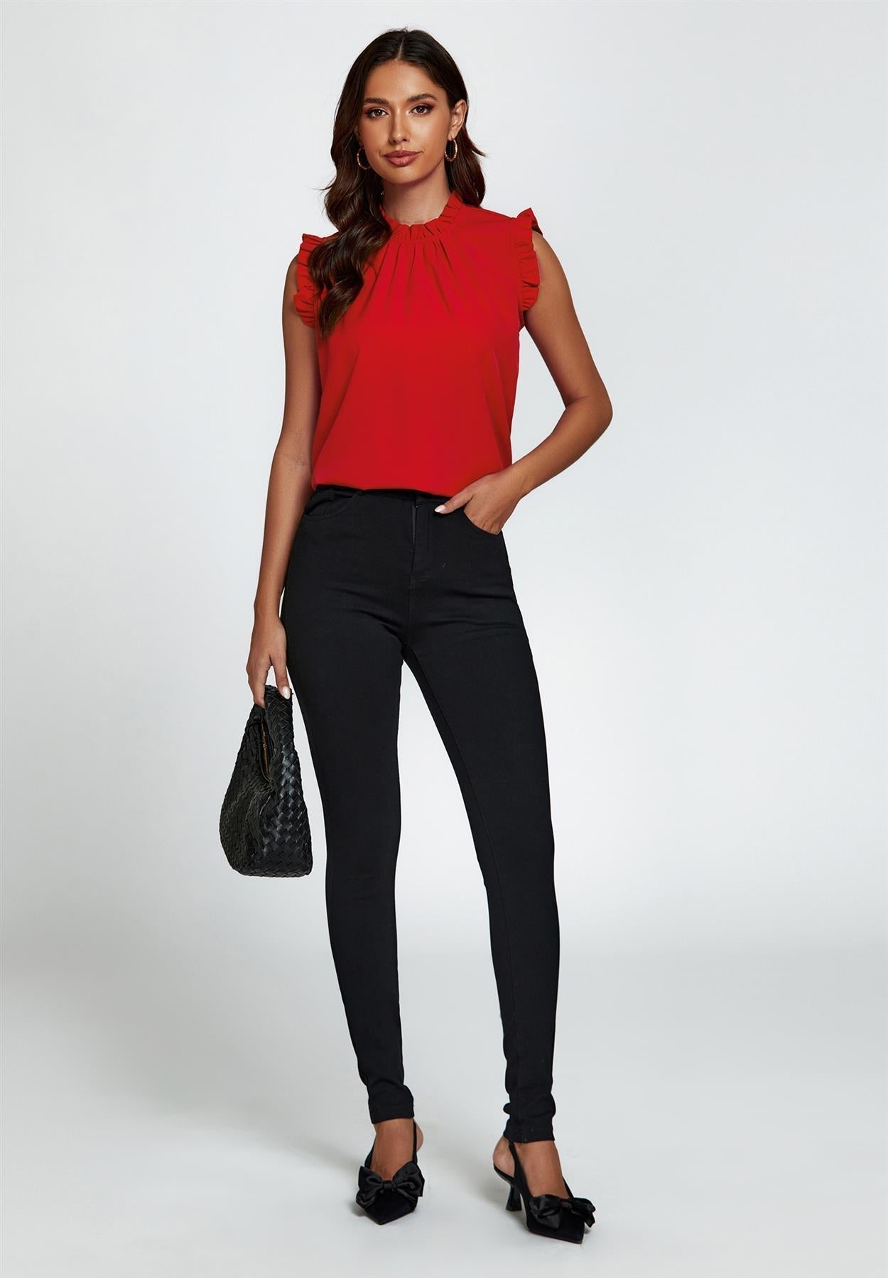 Frill Trim Sleeve Frill Neck Blouse Top In Red - AXON