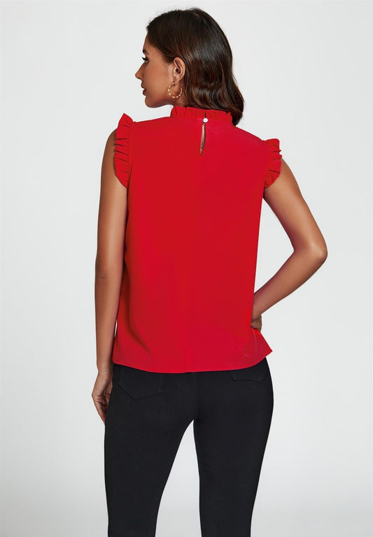 Frill Trim Sleeve Frill Neck Blouse Top In Red - AXON