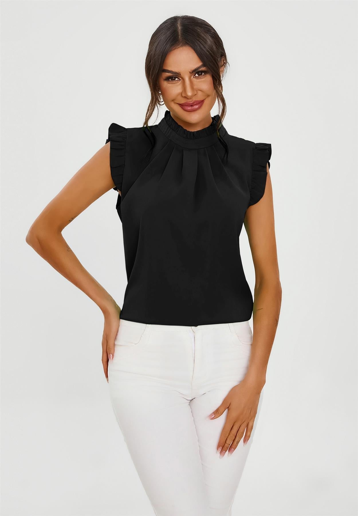 Frill Trim Sleeve High Neck Blouse Top In Black - AXON