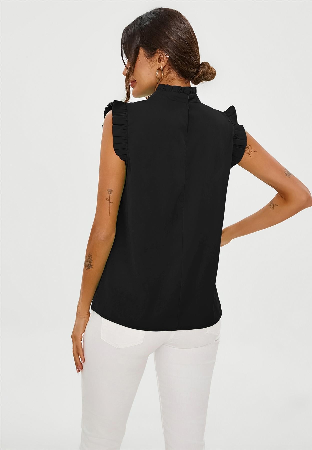 Frill Trim Sleeve High Neck Blouse Top In Black - AXON