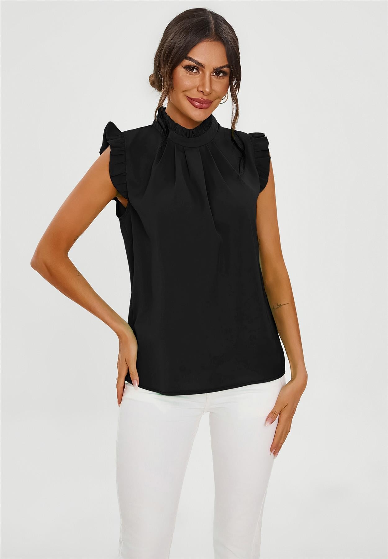 Frill Trim Sleeve High Neck Blouse Top In Black - AXON