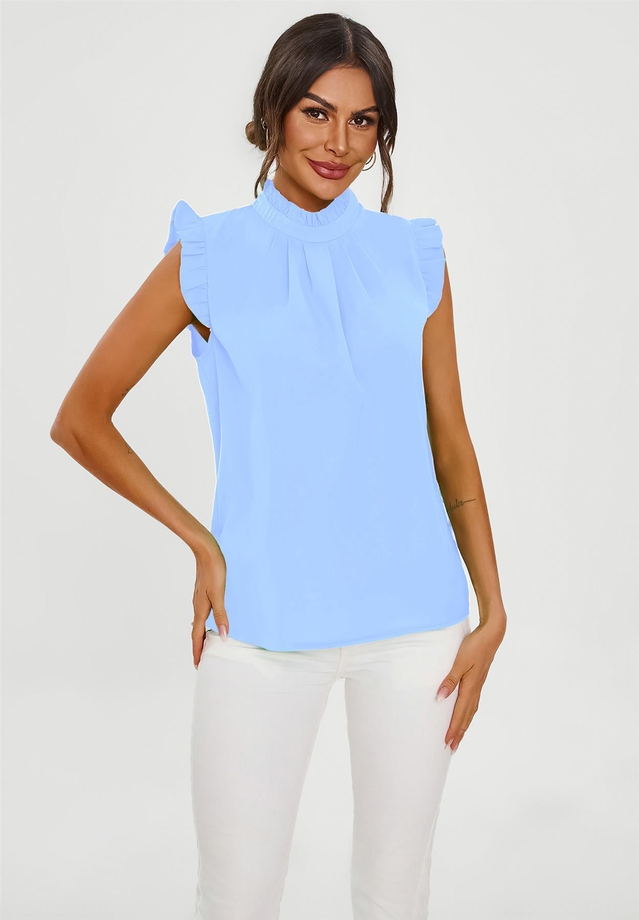 Frill Trim Sleeve High Neck Blouse Top In Light Blue - AXON