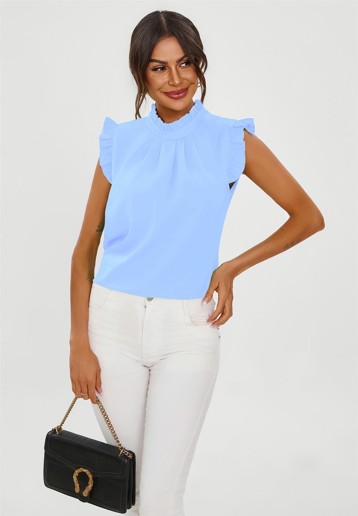 Frill Trim Sleeve High Neck Blouse Top In Light Blue - AXON