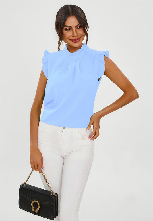 Frill Trim Sleeve High Neck Blouse Top In Light Blue - AXON