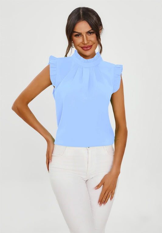 Frill Trim Sleeve High Neck Blouse Top In Light Blue - AXON