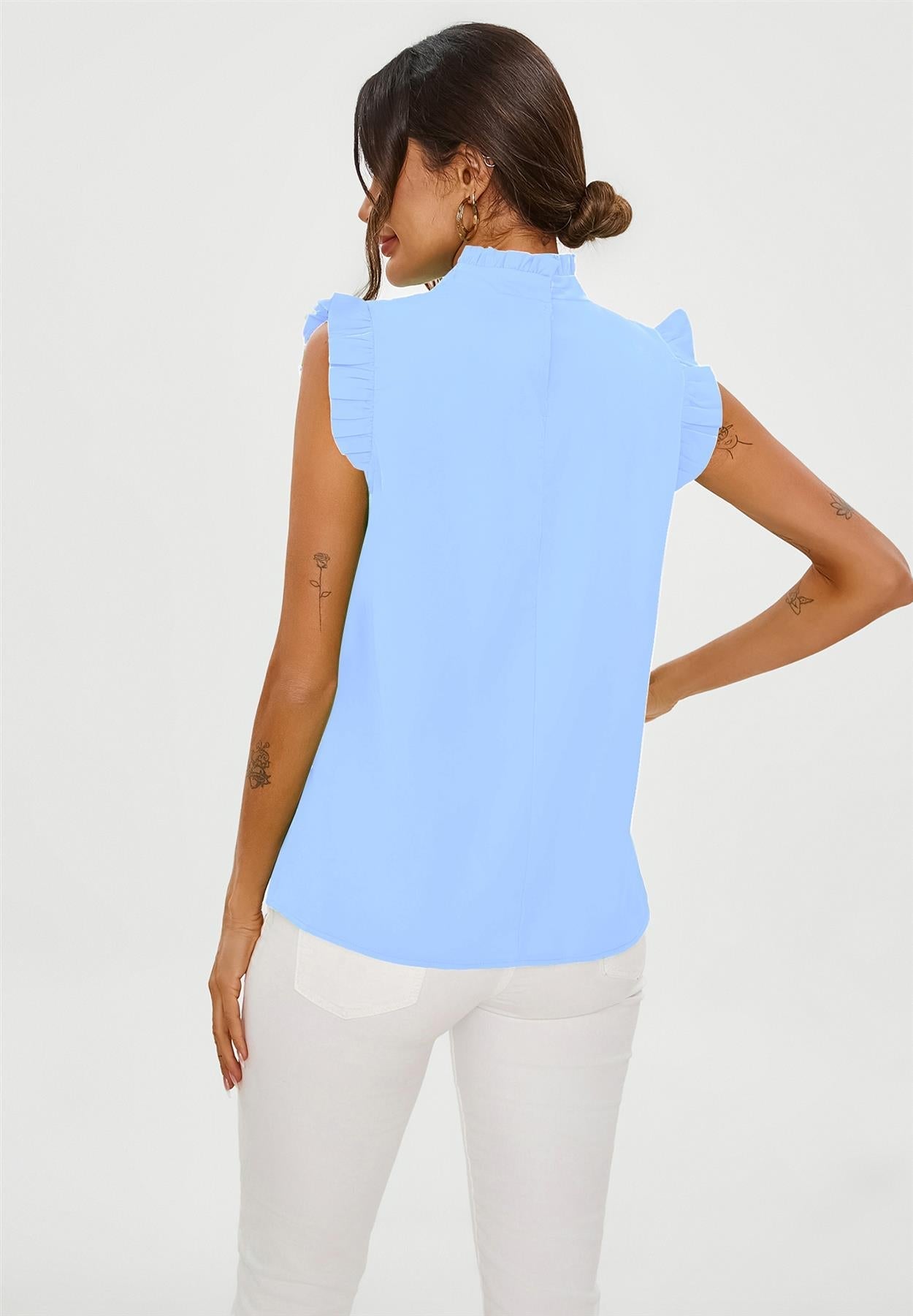 Frill Trim Sleeve High Neck Blouse Top In Light Blue - AXON
