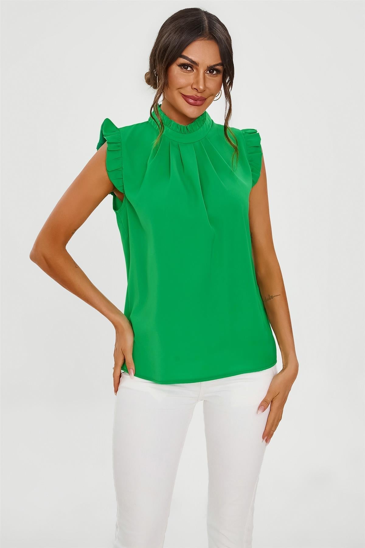 Frill Trim Sleeve High Neck Blouse Top In Light Green - AXON