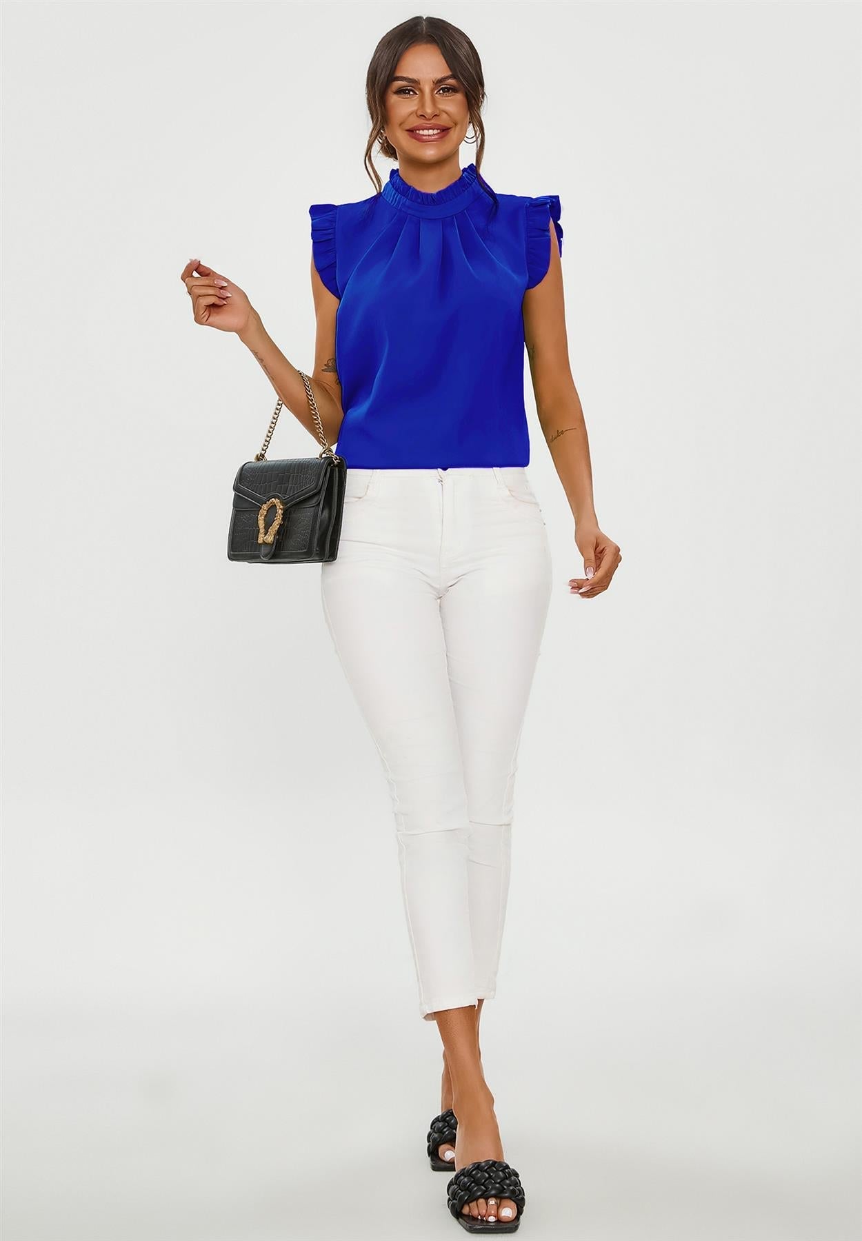 Frill Trim Sleeve High Neck Blouse Top In Royal Blue - AXON
