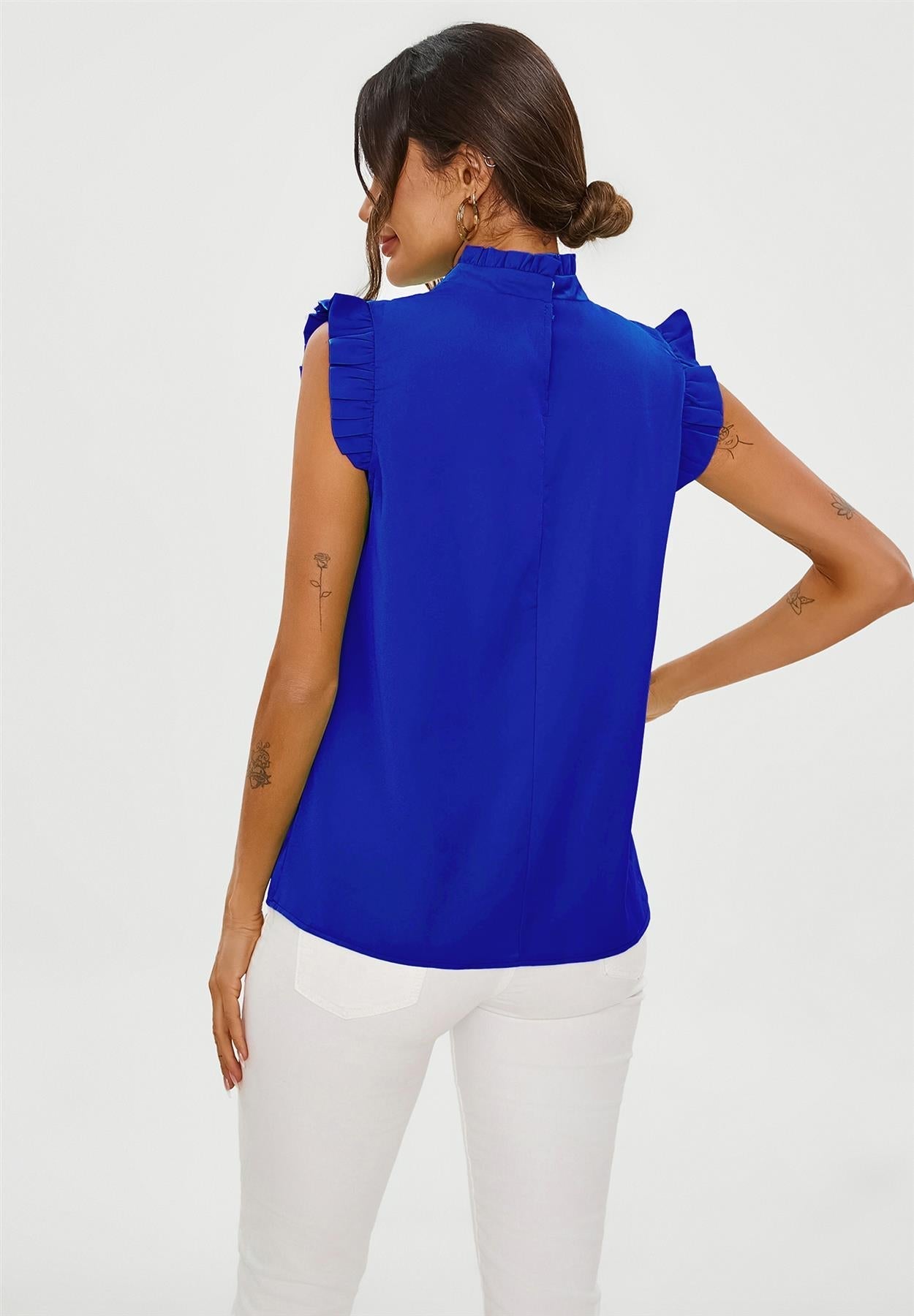Frill Trim Sleeve High Neck Blouse Top In Royal Blue - AXON