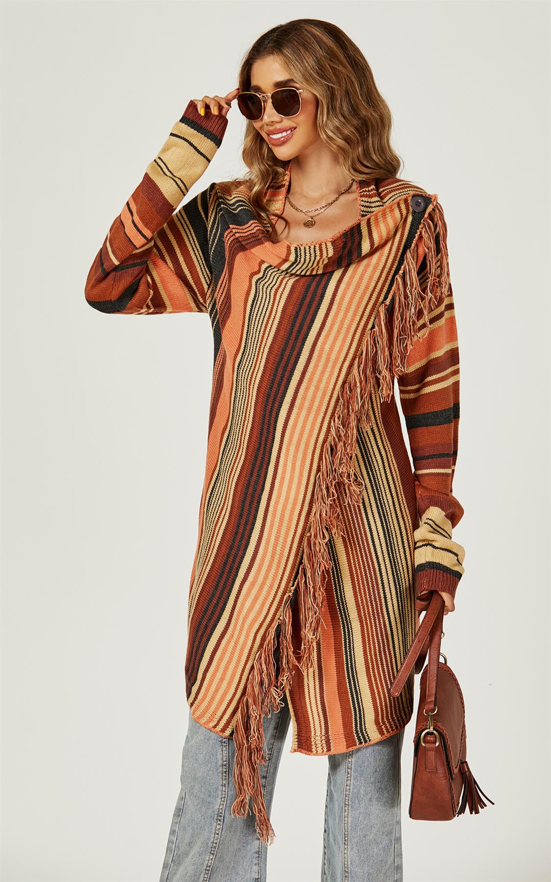Fringes Detail Cardigan In Rusty Red & Orange & Black - AXON