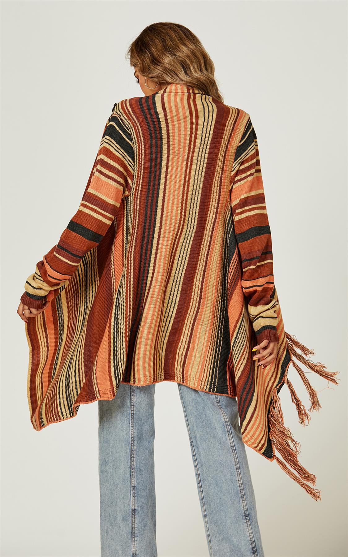 Fringes Detail Cardigan In Rusty Red & Orange & Black - AXON