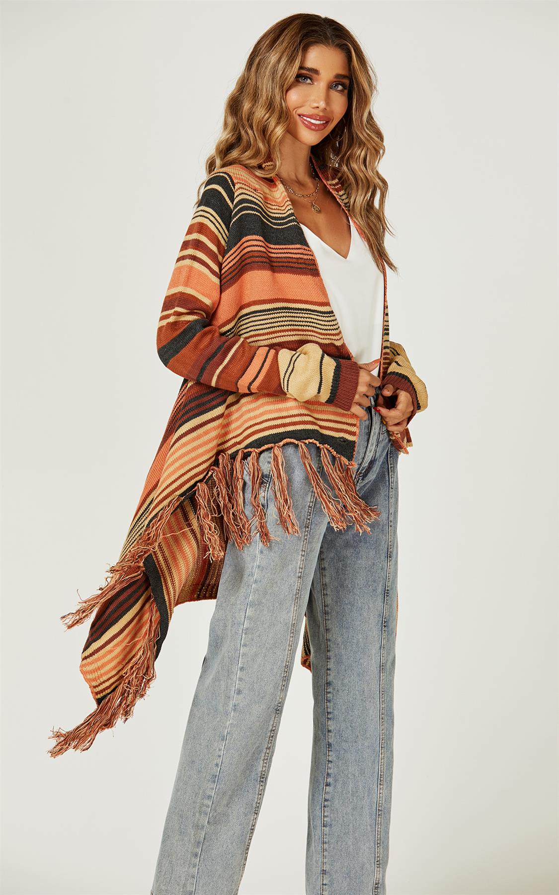Fringes Detail Cardigan In Rusty Red & Orange & Black - AXON
