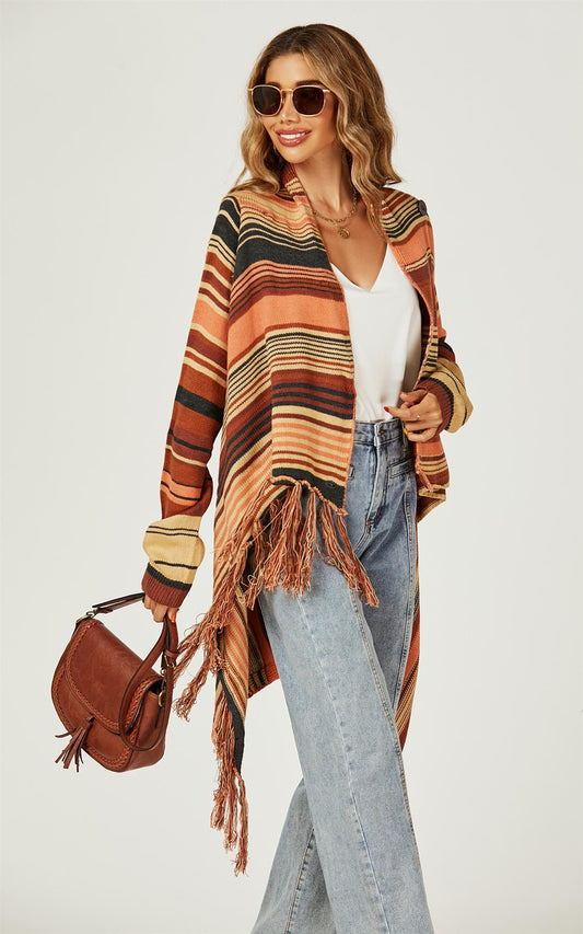 Fringes Detail Cardigan In Rusty Red & Orange & Black - AXON