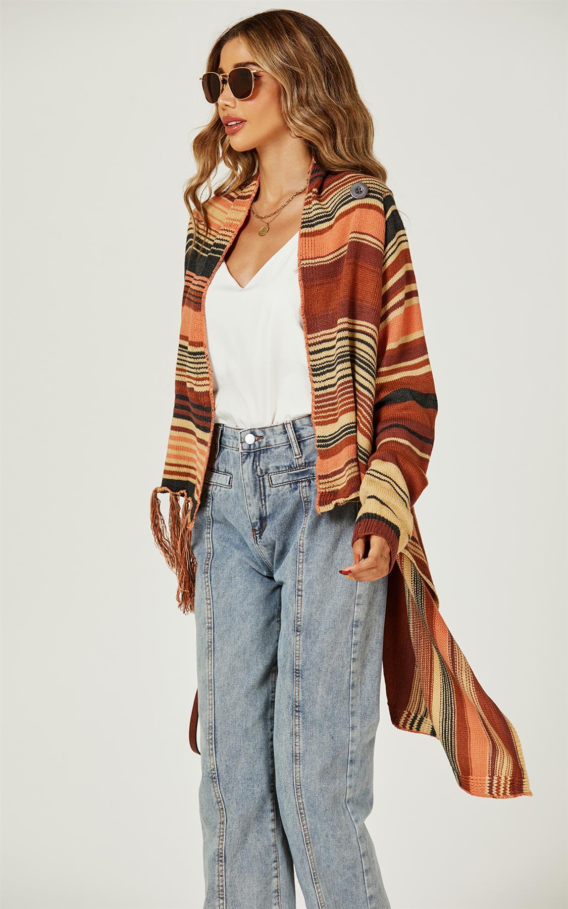 Fringes Detail Cardigan In Rusty Red & Orange & Black - AXON