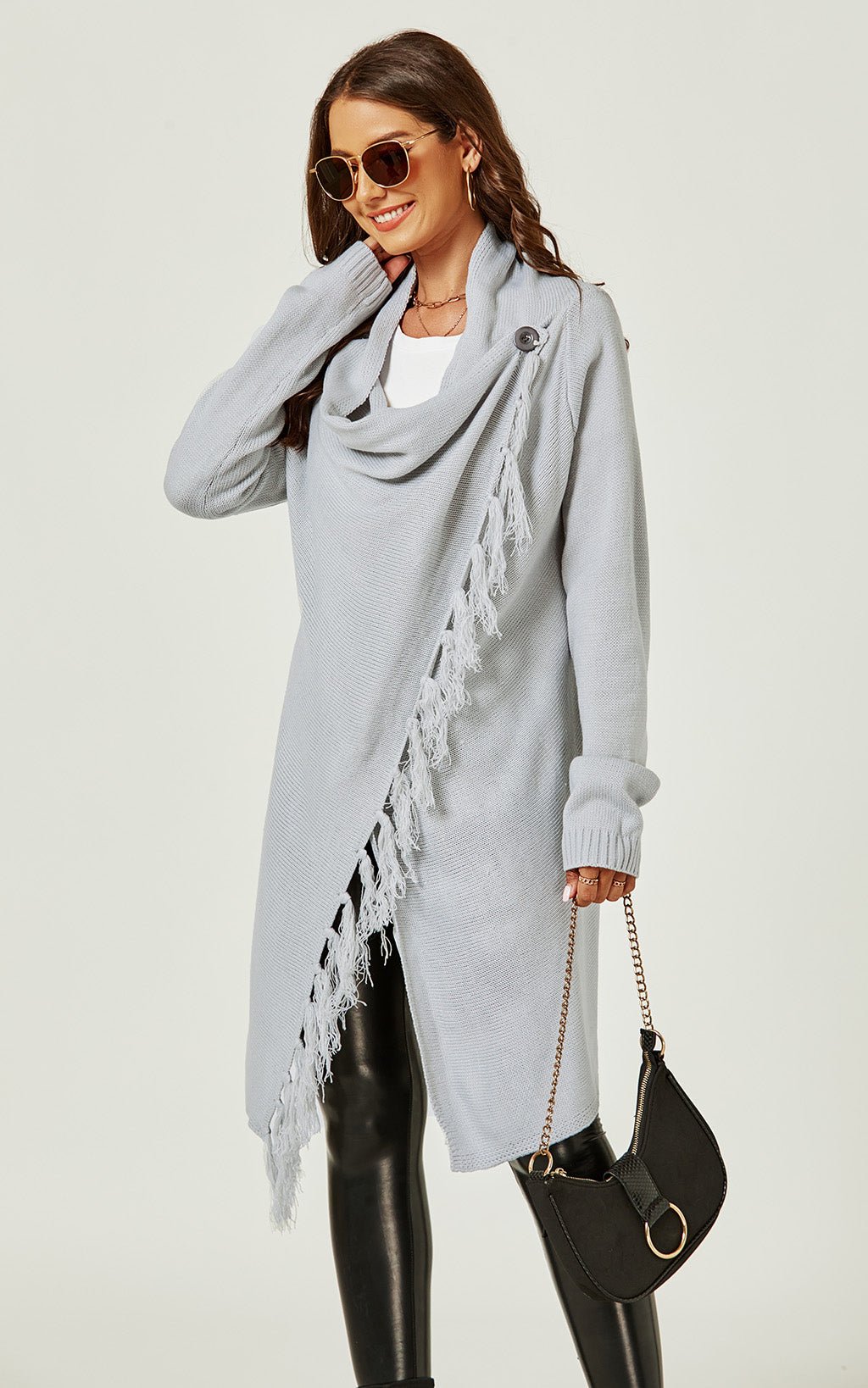 Fringes Detail Cardigan In Silver Grey - AXON