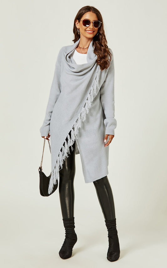 Fringes Detail Cardigan In Silver Grey - AXON