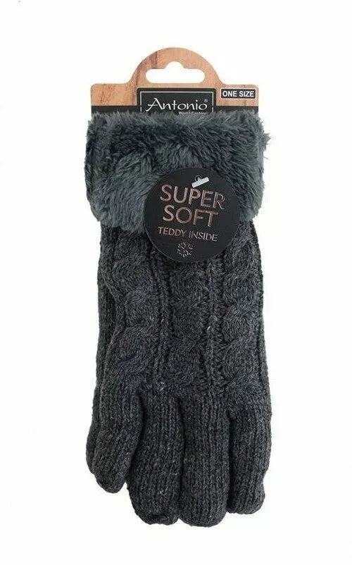 Gefütterte Strickhandschuhe » Teddy Winterhandschuhe mit Strickmuster » Fingerhandschuhe Super Soft mit Strickoptik