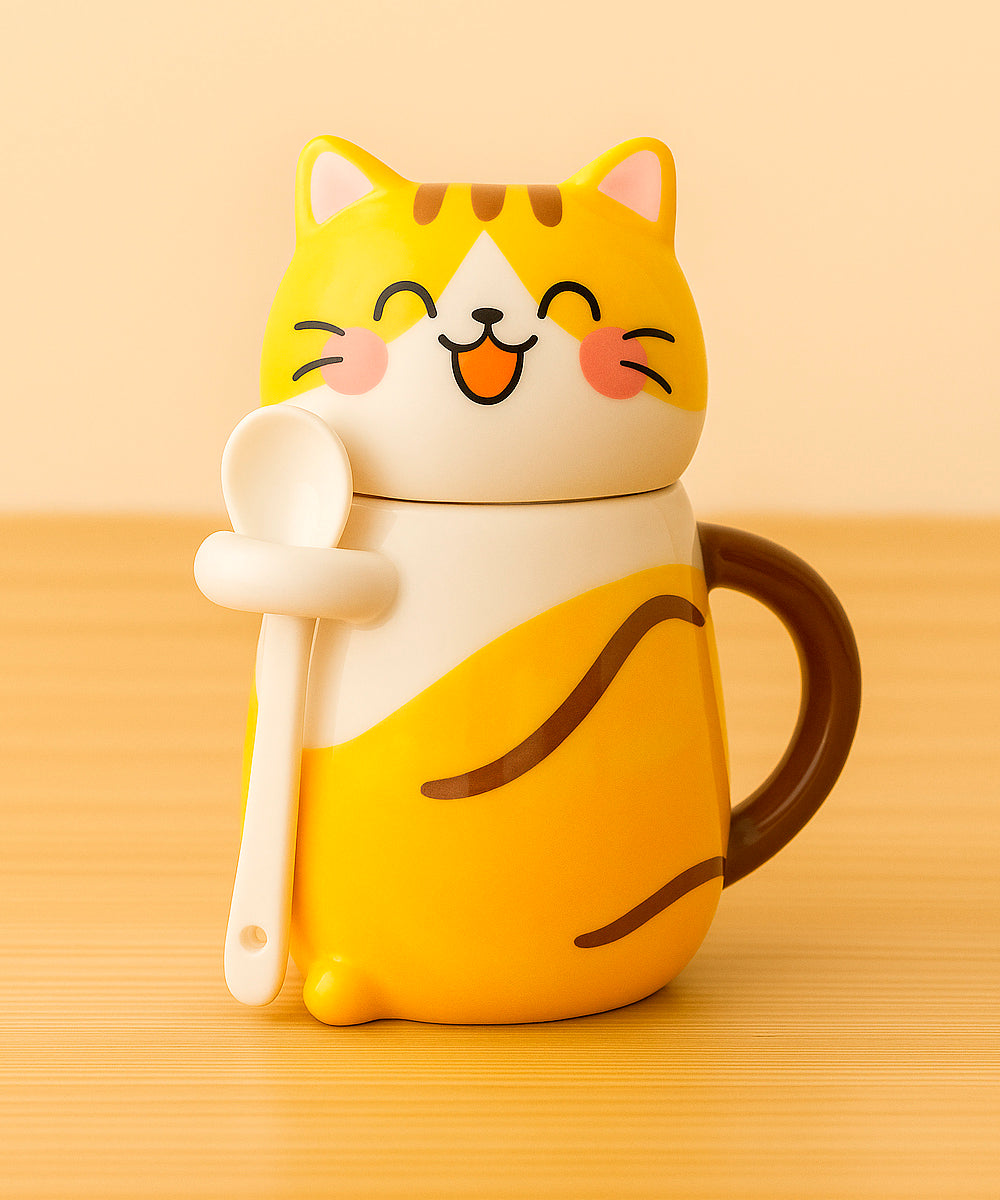 Schmuck Duftkerze mit Motiv Katze, in Keramiktasse mit Deckel und Löffel