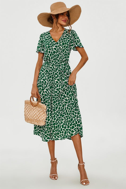 Geo Print Hem Tiered Wrap Midi Dress In Green - AXON
