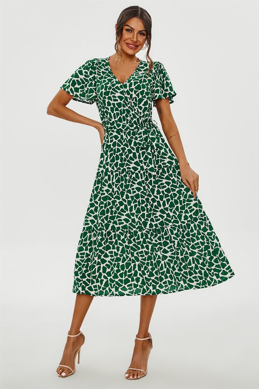Geo Print Hem Tiered Wrap Midi Dress In Green - AXON