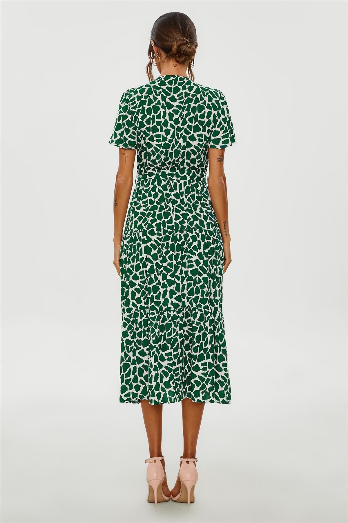 Geo Print Hem Tiered Wrap Midi Dress In Green - AXON
