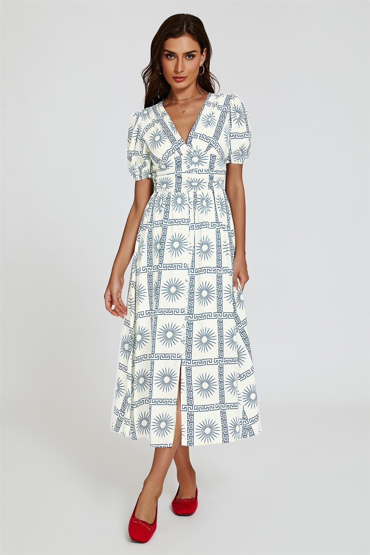 Geo Print Midi V neckline Dress In White - AXON
