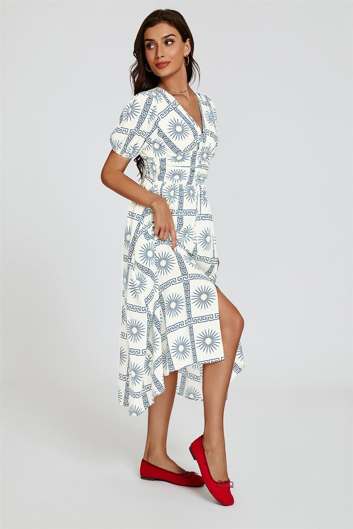 Geo Print Midi V neckline Dress In White - AXON
