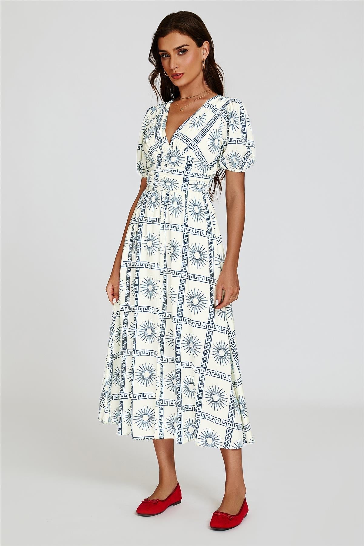 Geo Print Midi V neckline Dress In White - AXON