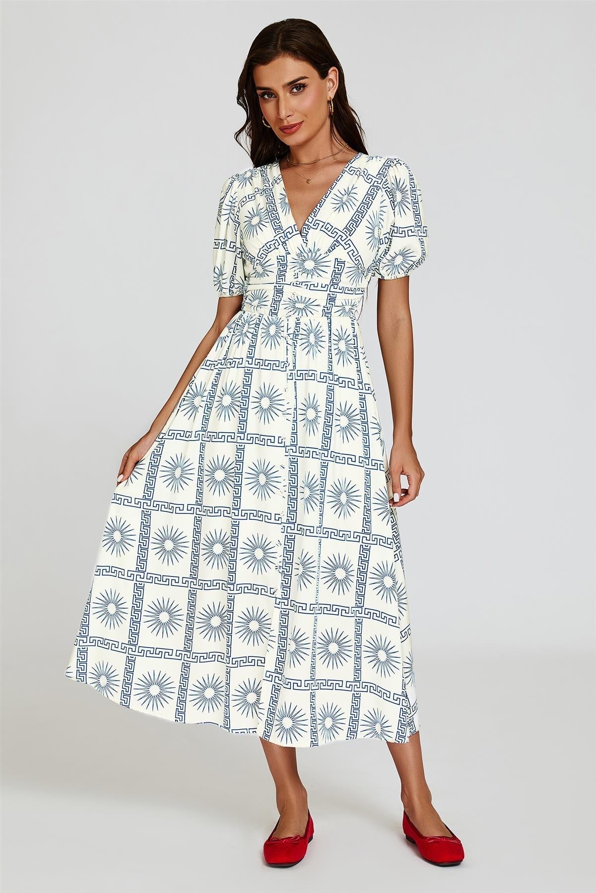 Geo Print Midi V neckline Dress In White - AXON