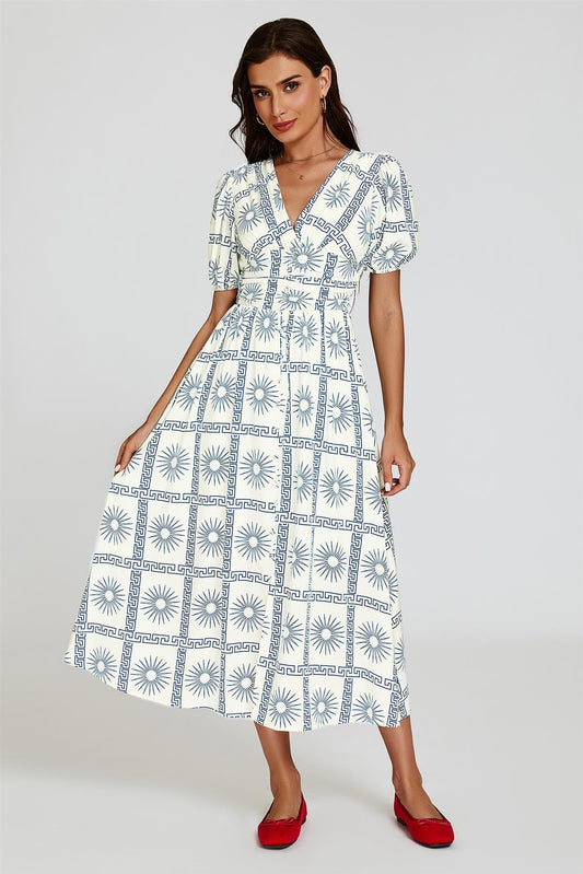 Geo Print Midi V neckline Dress In White - AXON