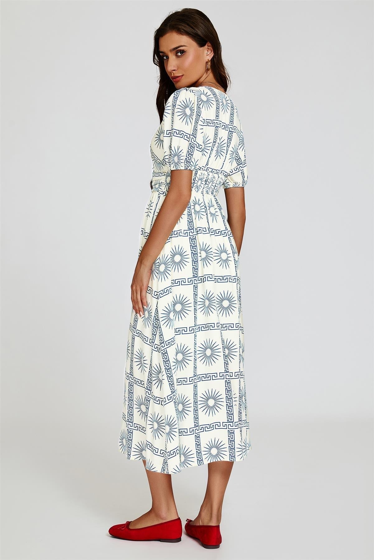 Geo Print Midi V neckline Dress In White - AXON