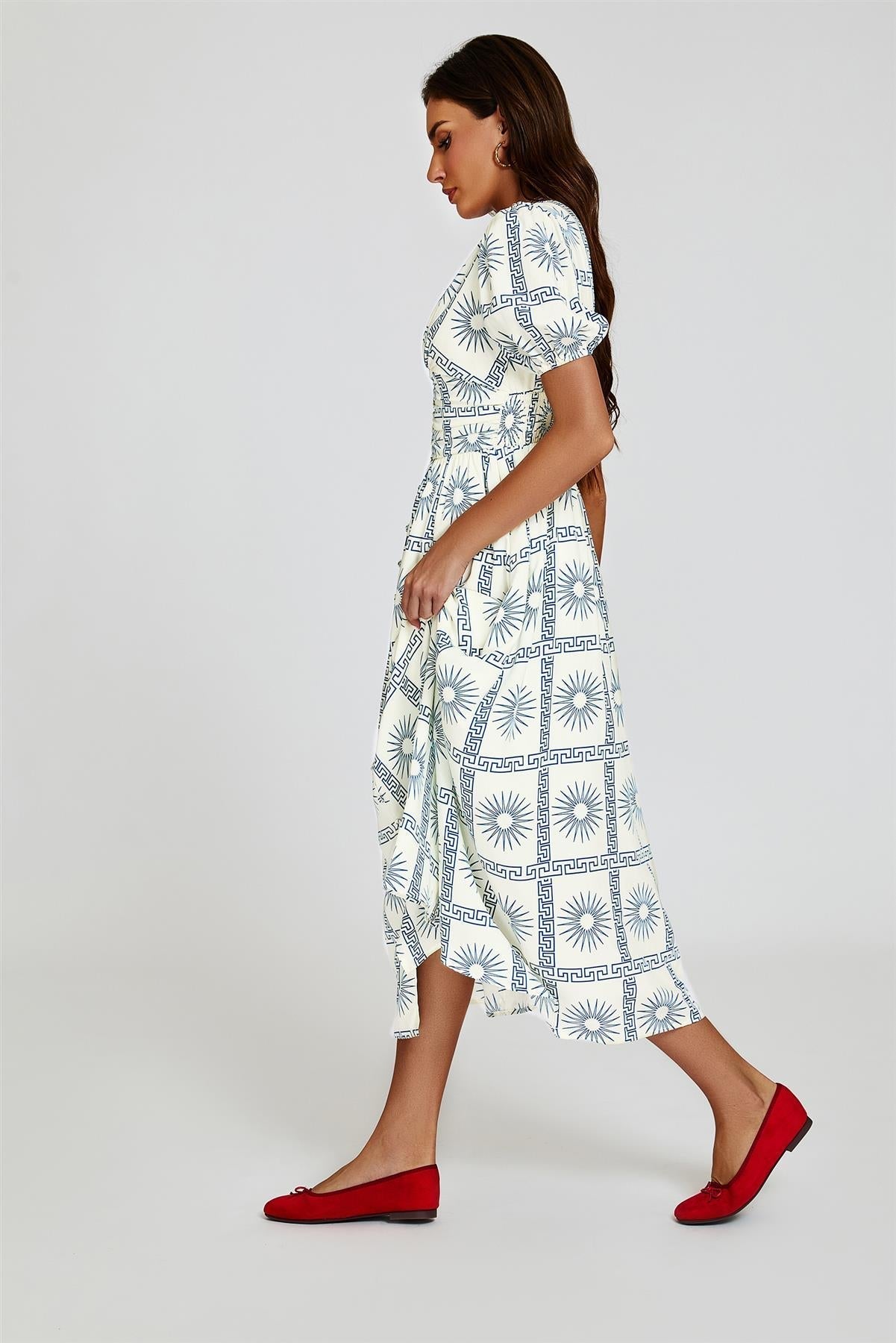 Geo Print Midi V neckline Dress In White - AXON