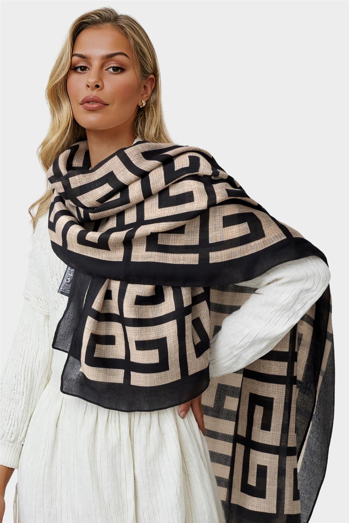 Geo Print Scarf In Beige & Black - AXON