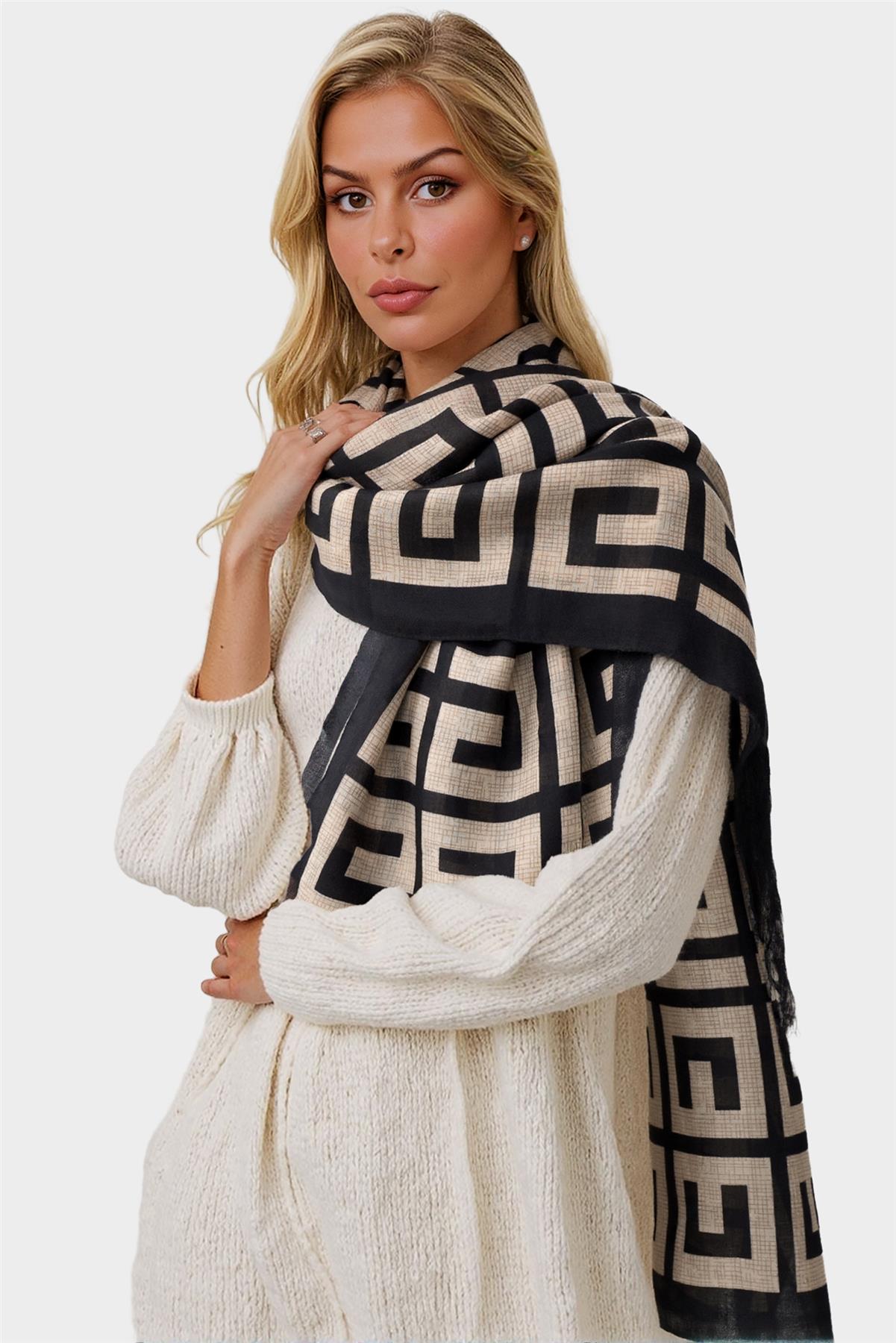 Geo Print Scarf In Beige & Black - AXON
