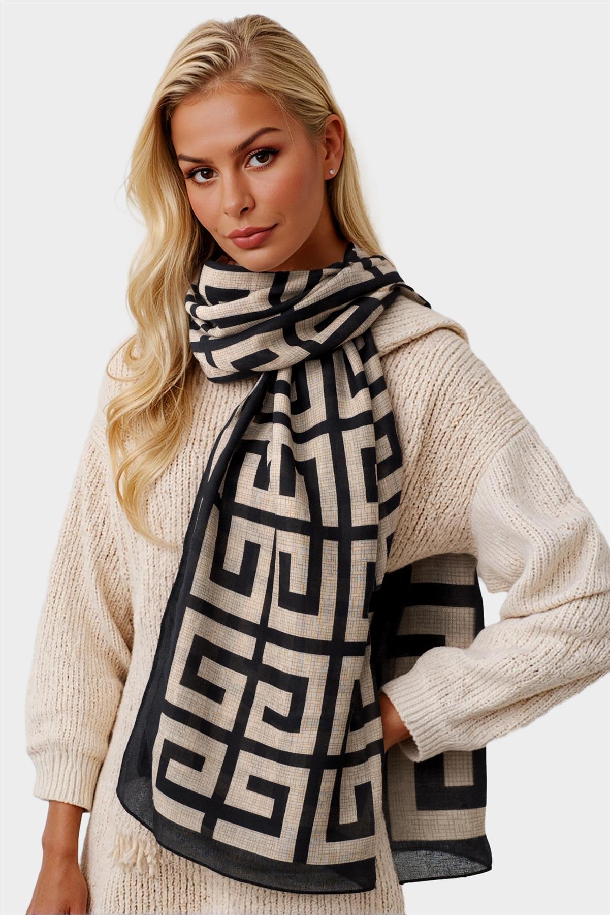 Geo Print Scarf In Beige & Black - AXON