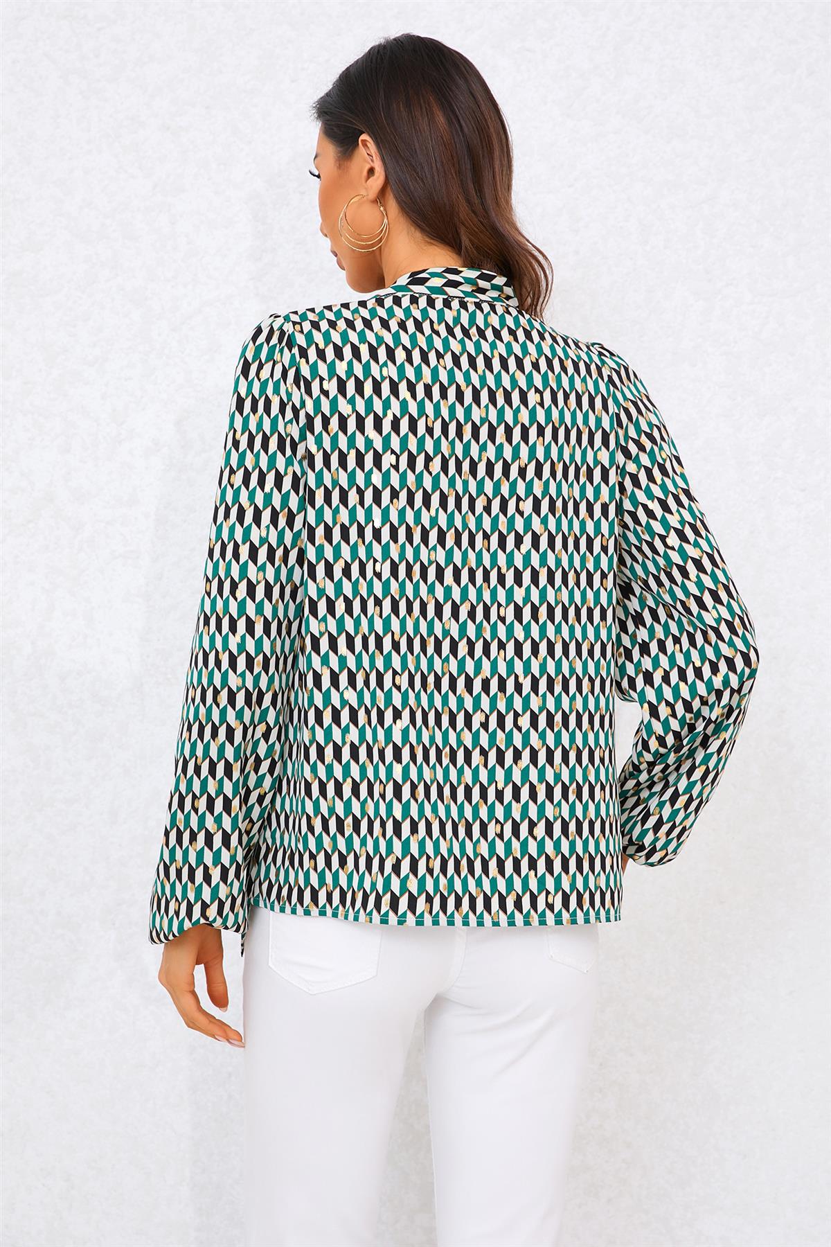 Geo Print Side Tie Blouse Top In Green - AXON