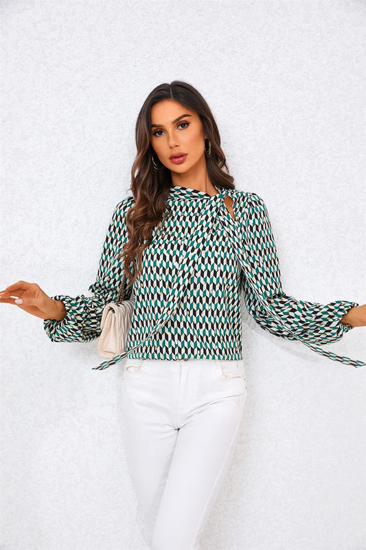 Geo Print Side Tie Blouse Top In Green - AXON
